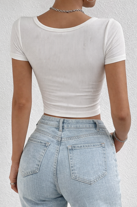 Women’s White Ribbed Button Crop Top – Slim Fit Stretch T-Shirt